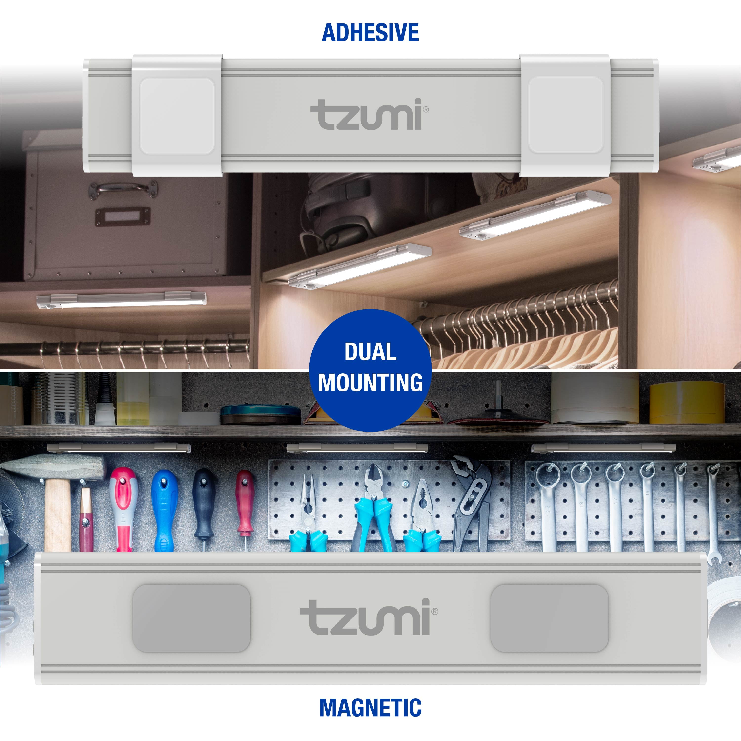 Tzumi Under Cabinet Lights Dimmable LED Light Bar with Magnetic Mount, 3-Pack, USB-Rechargeable