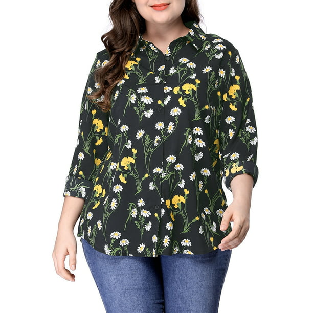 Unique Bargains - Women's Plus Size Floral Print Long Sleeve Button ...