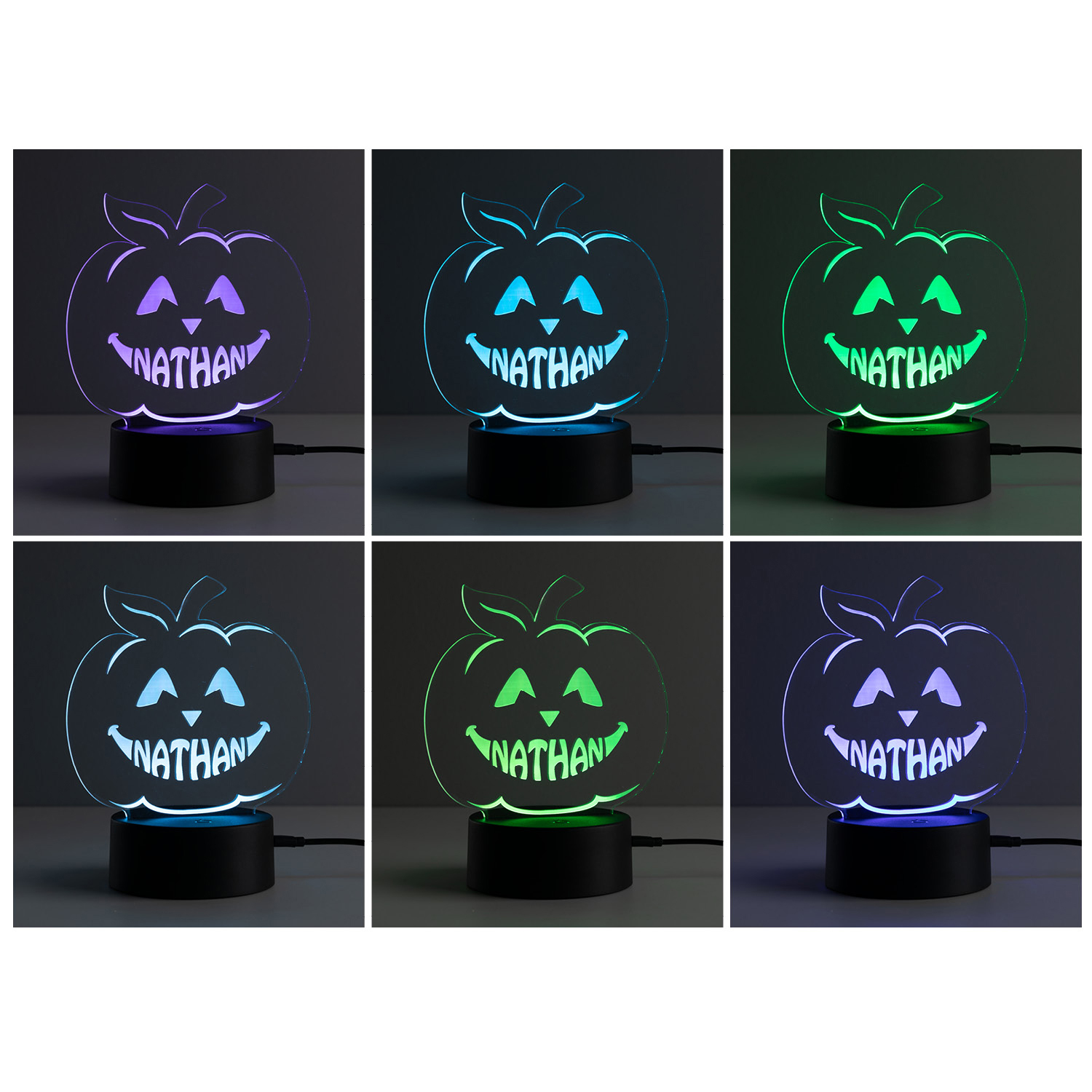 Personalized Planet Jack-O-Lantern Pumpkin Multicolor LED Halloween Night Light with Custom Name Laser Engraved on Acrylic Design Insert