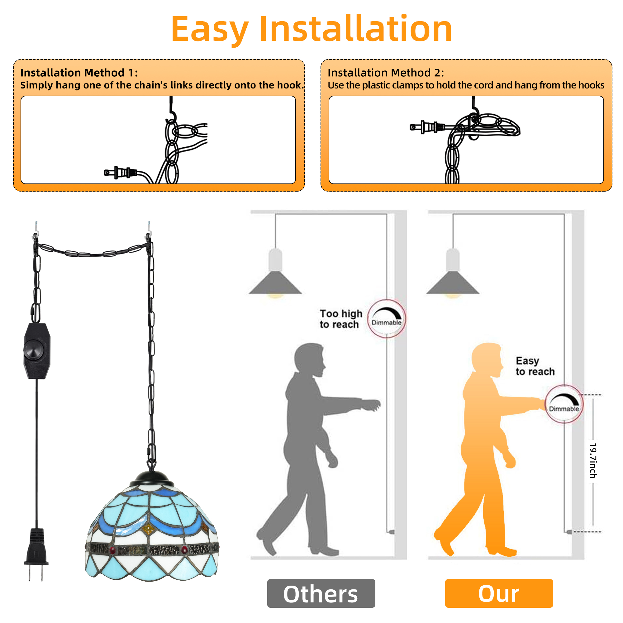 Hlite Tiffany Plug in Pendant Light with Cord,Mini Blue Stained Glass Shade(8.1in),Dimmable Swag Hanging Ceiling Light Fixtures for Loft Staircase,Bulb Not Included