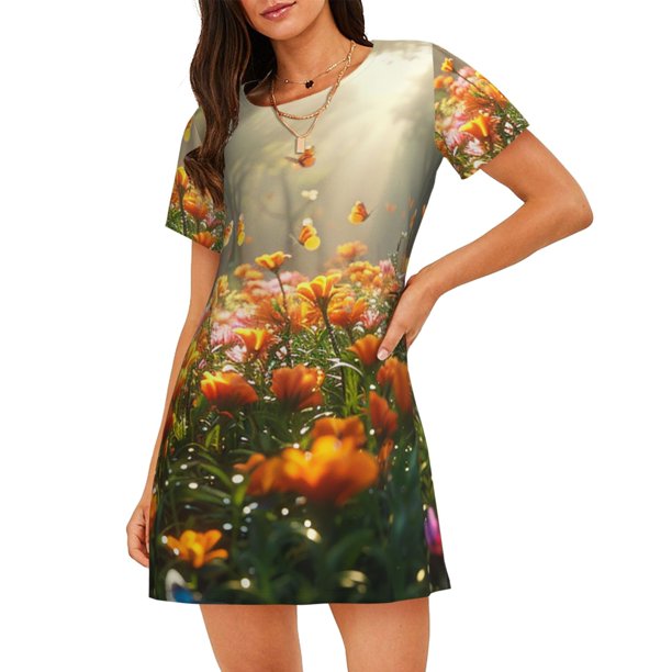 Easygdp Butterflies In Flower Field Camisón de manga corta para mujer, informal, estampado