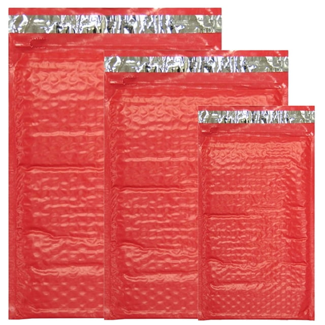 30 Assorted, 4x8, 6x10, 8x12 Inch Colored Poly Bubble Mailers, All 3 Sizes, Self Sealing Padded Envelopes with Kiss Lip Stickers (Red)