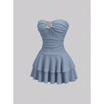 thumbnail image 3 of Dusty Blue Womens Strapless Ruched Bust Double Layer Ruffle Skirt Mini, 3 of 6