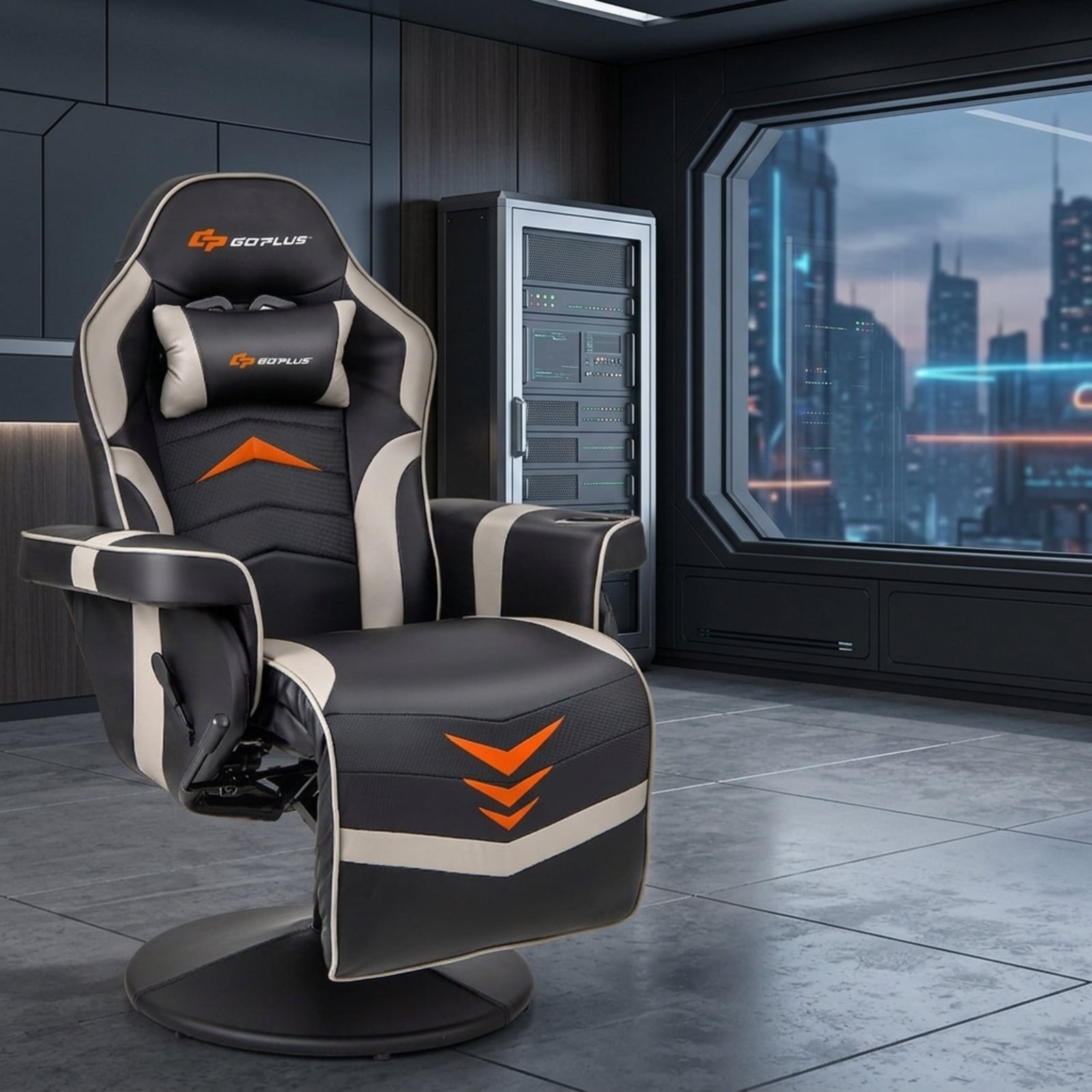 Furnibear Massage Video Gaming Recliner Chair with Adjustable Height Reclining Backrest Removable Headrest and Cup Holder for Gaming and Office, Gray