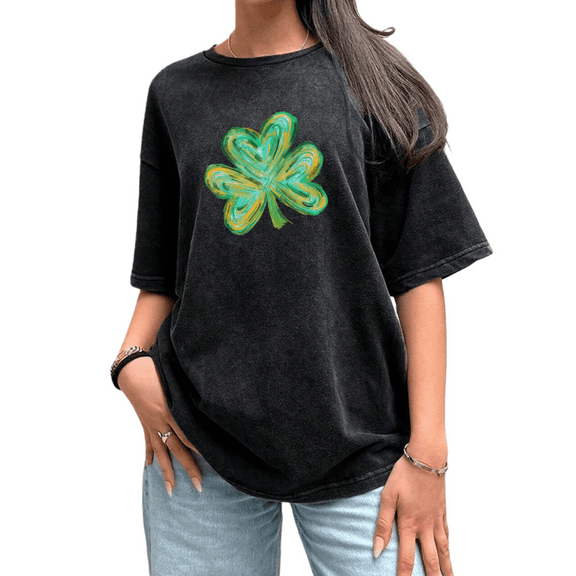 Black Washed Cotton Print Tshirt Graphic Tees Shirts Womens S-2XL Green Swirl Heart Shamrock Tops
