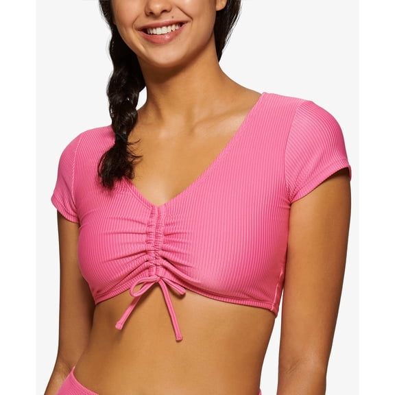 Hula Honey ROSE Juniors' Cropped Tie-Front Ribbed Swim Top, US X-Small