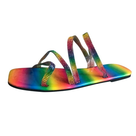 

Inkach Summer Fashion Big Size One-Line Rhinestone Square Head Flat Sandals