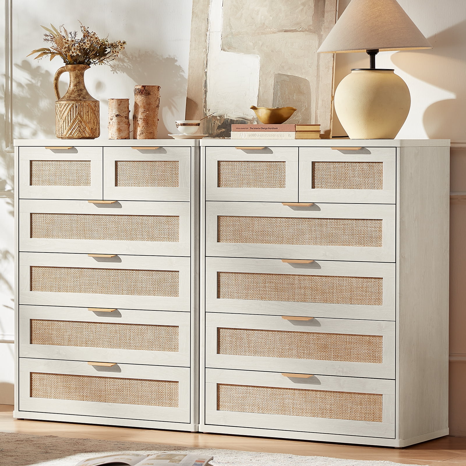 6 Rattan Drawer Dresser, Rustic White Dressers for Bedroom with Chest of Drawers, Wooden Cabinet for Bedroom, Living Room, Entryway