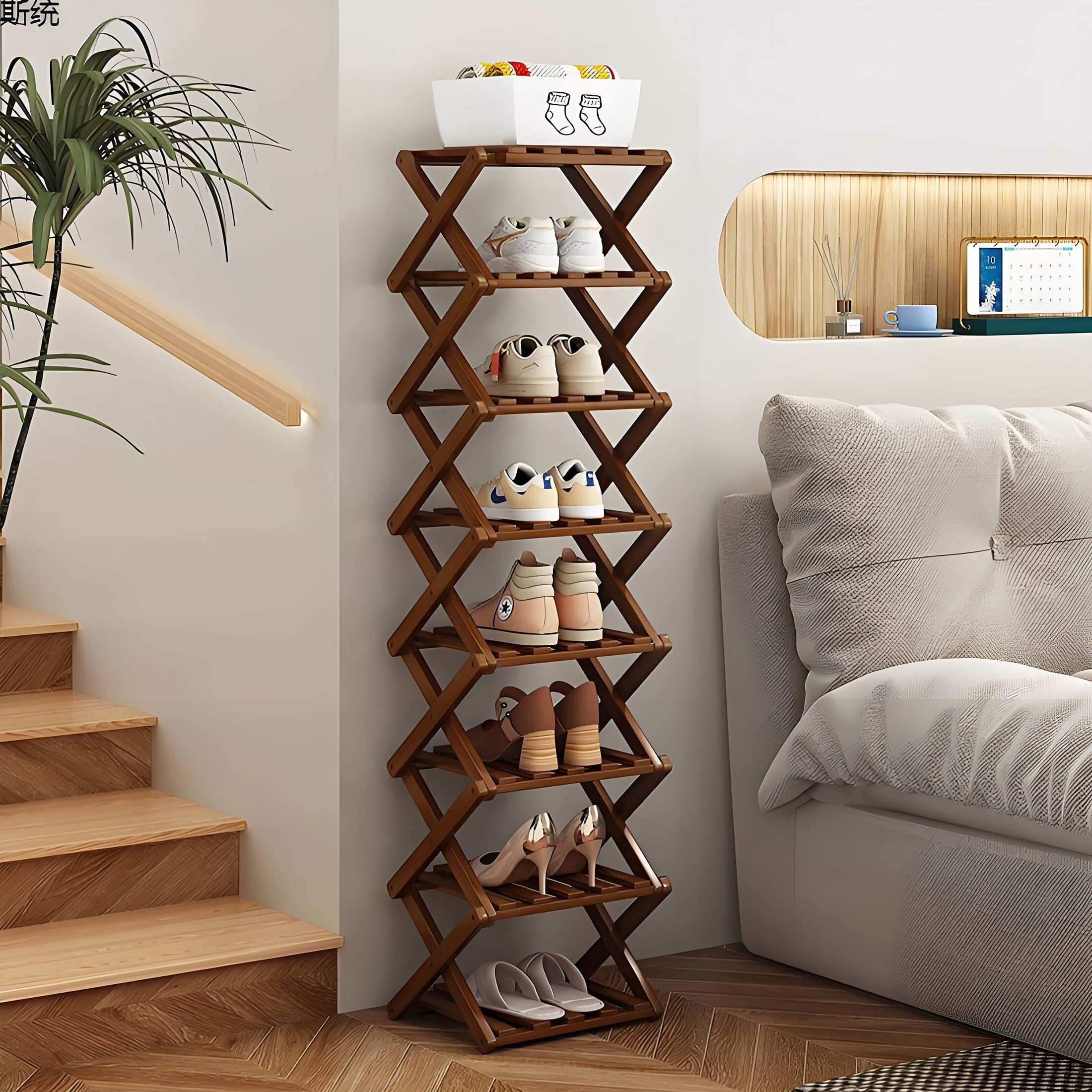 LPAMEOIU 4-Tier Foldable Shoe Rack,Bamboo Shoe Organizer Storage Shelf for Entryway,Hallway(Brown)