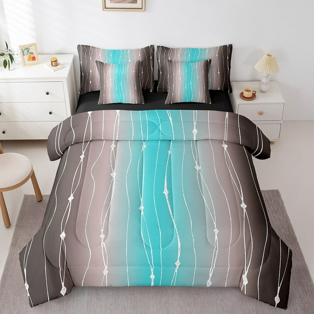 YST Ensemble de Literie Dégradé Brun et Sarcelle 7 Pcs Format Simple, Ensemble de Douillette Géométrique Abstraite Lit en Sac, Polyester, Type Douillette et Housse de Couette, Simple (7 Unités)