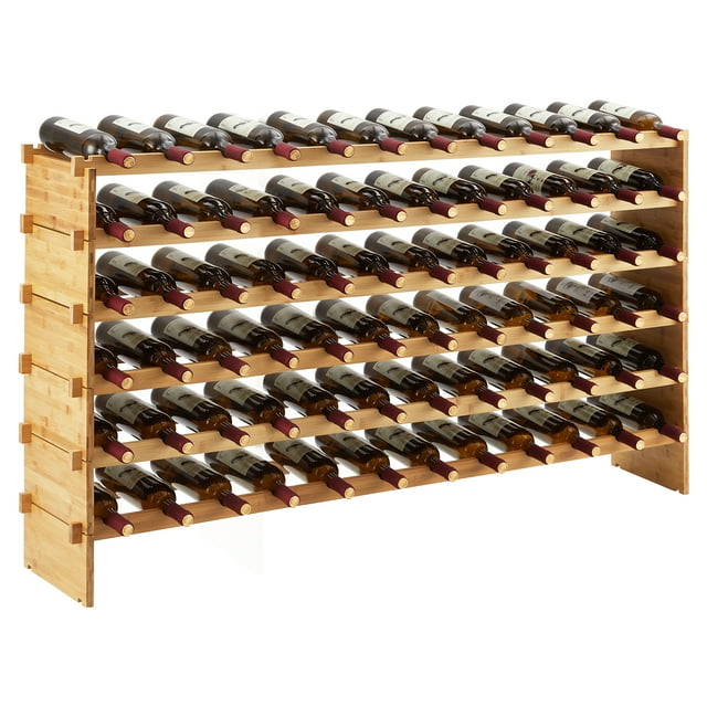 36 Bottles Stackable Modular Wine Rack, 4 Tier Wooden Wine Storage Rack, Bamboo Wine Display Shelves, Wobble-Free Wine Holder Freestanding Floor Wine Bottle Rack for Bar Cellar