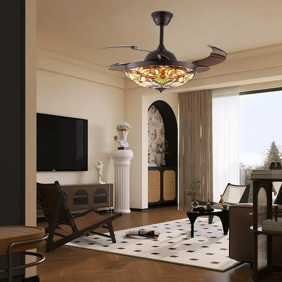 42'' Tiffany Ceiling Fan with Lights, Retractable Fans Lighting, Stained Glass Chandelier Fan, Remote Control Included 3 Color/3 Speed Settings for Dining Living Room & Bedroom