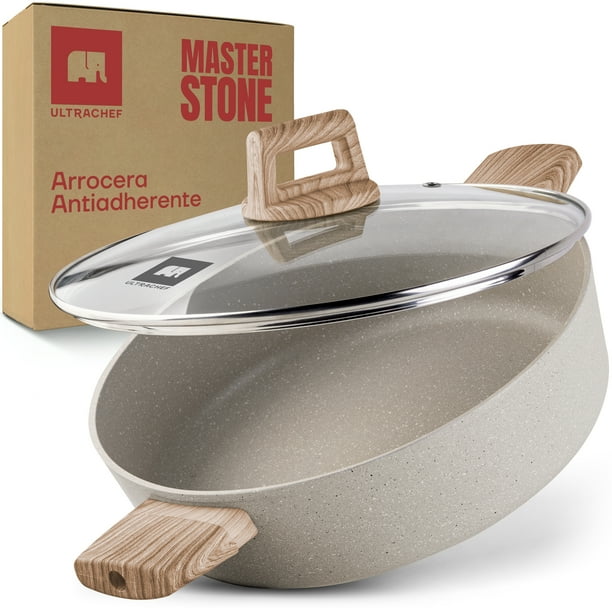 Ultrachef Arrocera Antiadherente Master Stone Tapadera de Vidrio Templado|Revestimiento de Piedra de Alemania 100% libre de PFOA para estufa de inducción, gas o eléctrica. Olla Baja Blanca 3.8 L 28 cm
