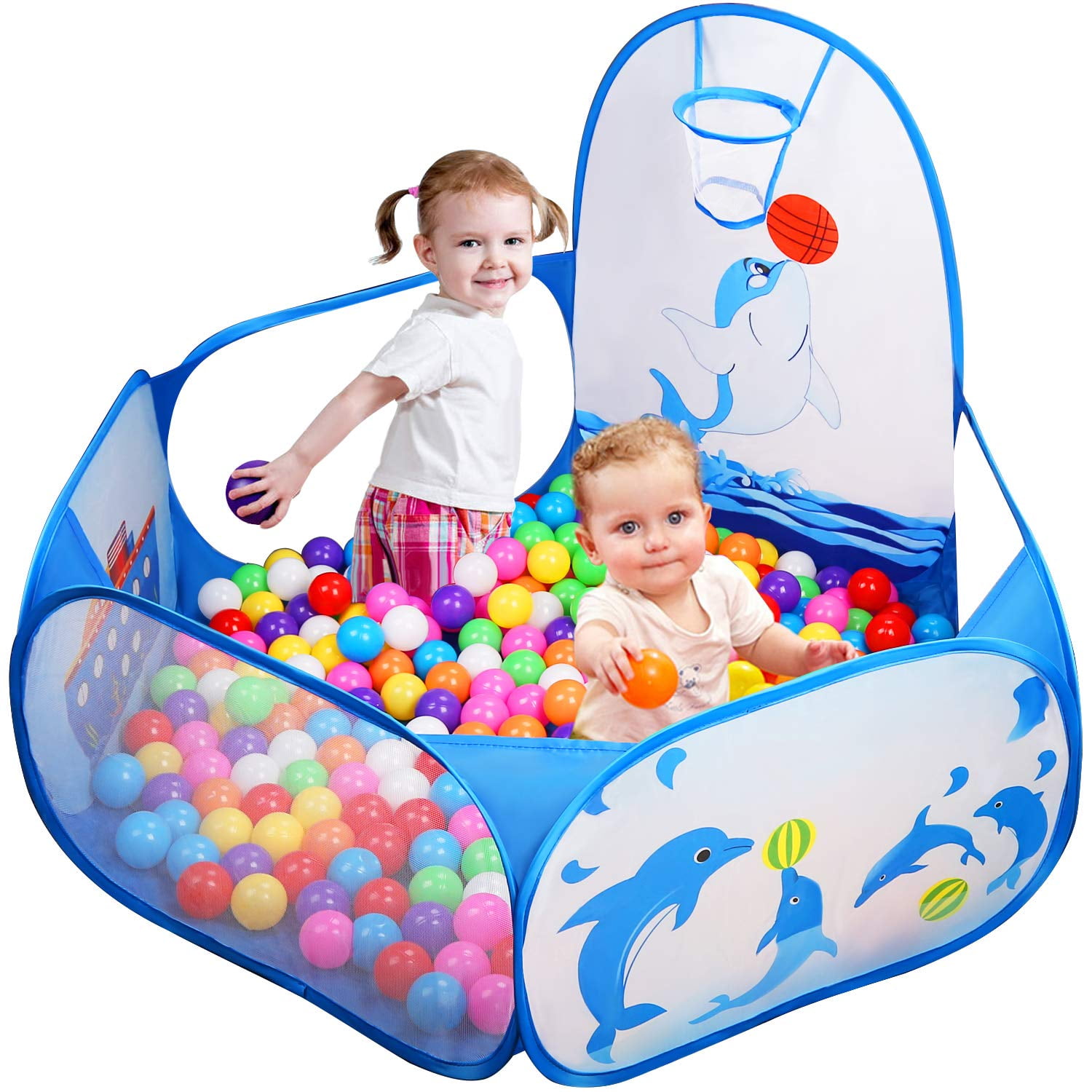Heboland Ball Pit with Basketball Hoop Pop Up for Kids Toddlers Babies Folding Tent Crawl Playpen Ocean Pool Playhouse 4ft/120cm Balls Not Included
