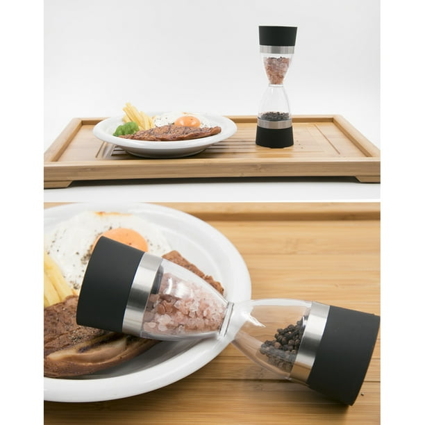 Juego de molinillo de sal y pimienta de acero inoxidable 2 en 1 con depósito para condimentos y tamaño de molienda ajustable