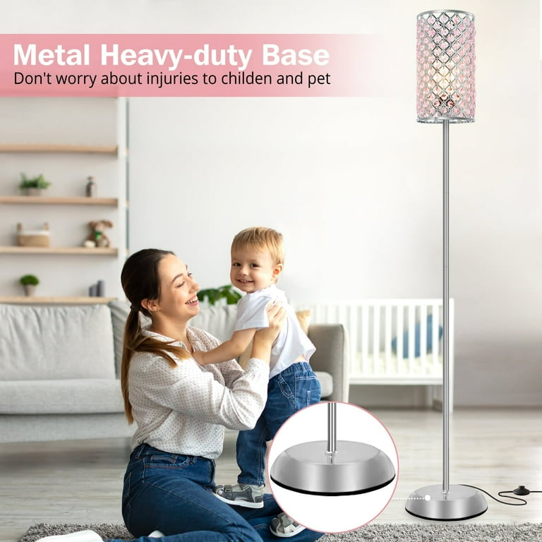 NATYSWAN Crystal Floor Lamp for Bedroom Modern Pink Standing Lamp with on off Foot Switch Minimalism Pole Corner Lamp for Living Room Office Dorm