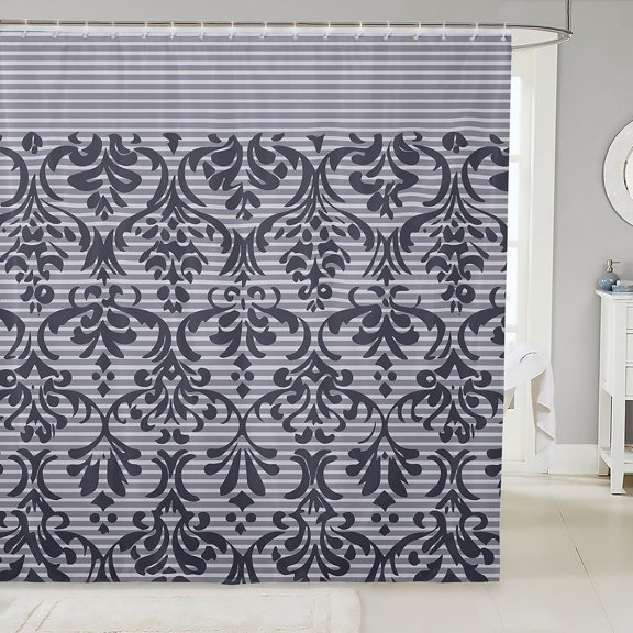 Grey Damask and Striped Fabric Shower Curtain for Bathroom 71x71 inches