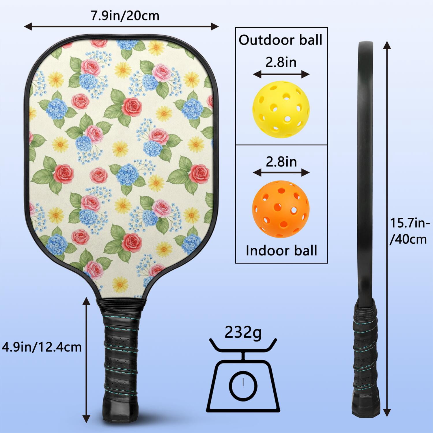 Pickleball Paddles Set,Pioneer Flower Floral Print Pattern Fiberglass Surface Pickleball Racket Set with 2 Indoor Outdoor Pickleball Balls and Pickleball Bag,Pickle-ball Equipment