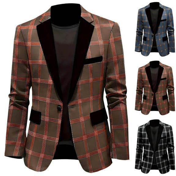 Fengqque Mens Long Sleeved V-neck Plaid Suit Slim Fit Casual Tuxedo Suit formal Blazer for Wedding Business Party Brown XL(XL)