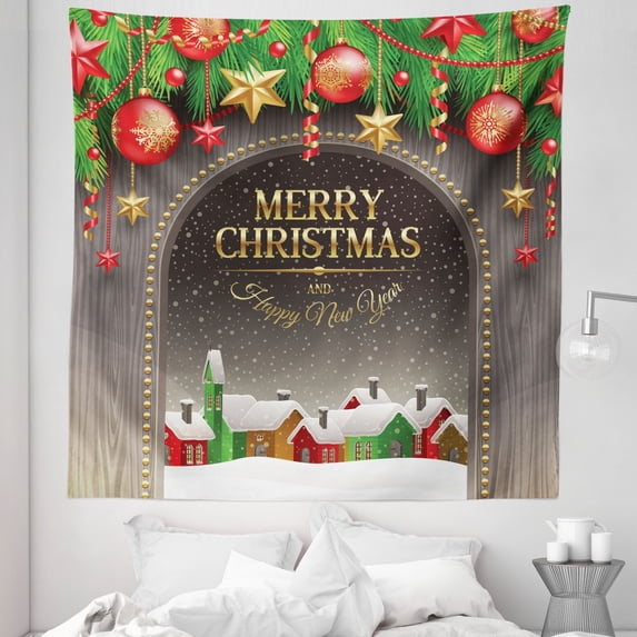 Christmas Tapestry, Classic Rustic Design Season Greetings Yellow Colored Letters Village Ornaments, Fabric Wall Hanging Decor for Bedroom Living Room Dorm, 5 Sizes, Multicolor, by Ambesonne