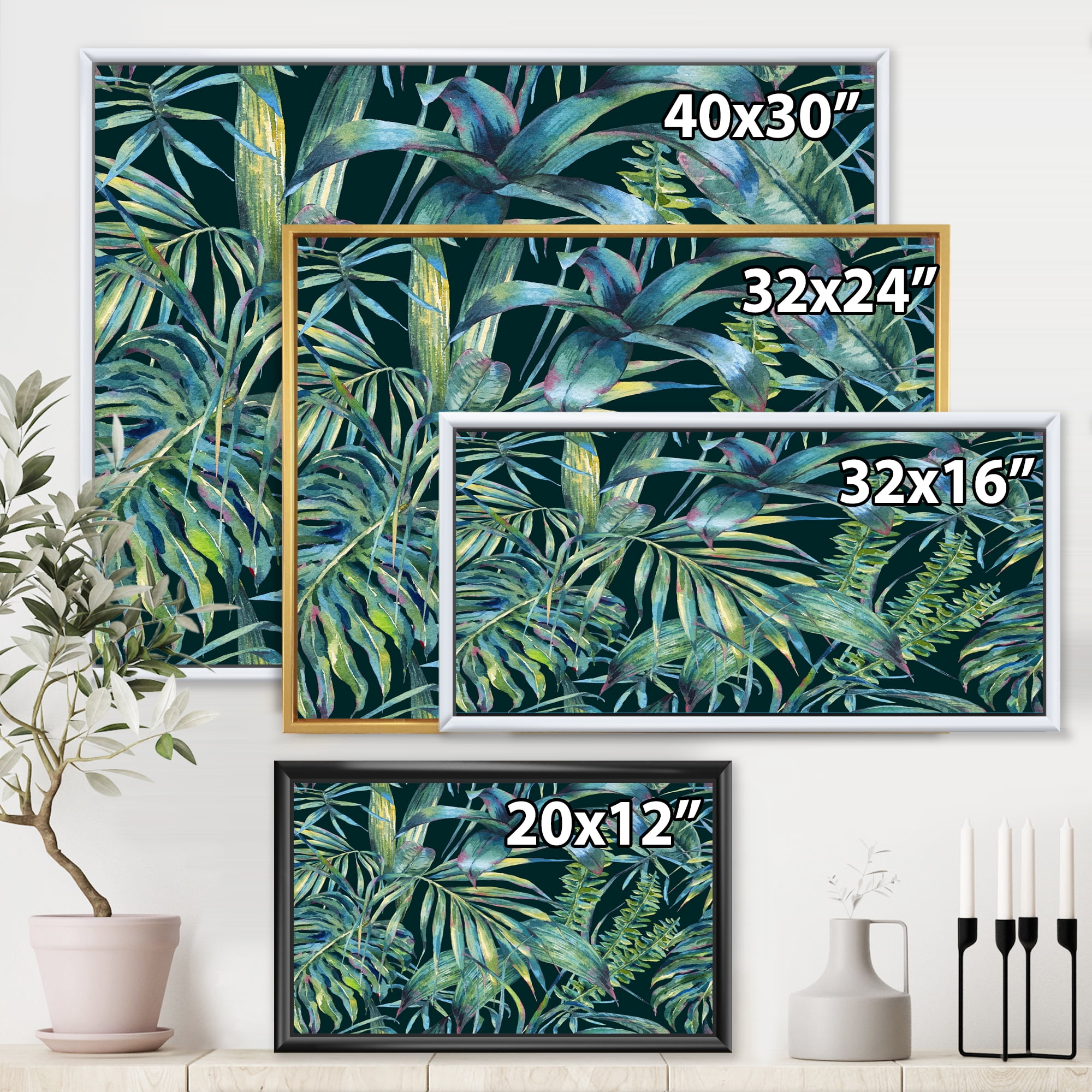 Designart 'Natural Green Leaves Exotic On Dark I' Tropical Framed Canvas Wall Art Print