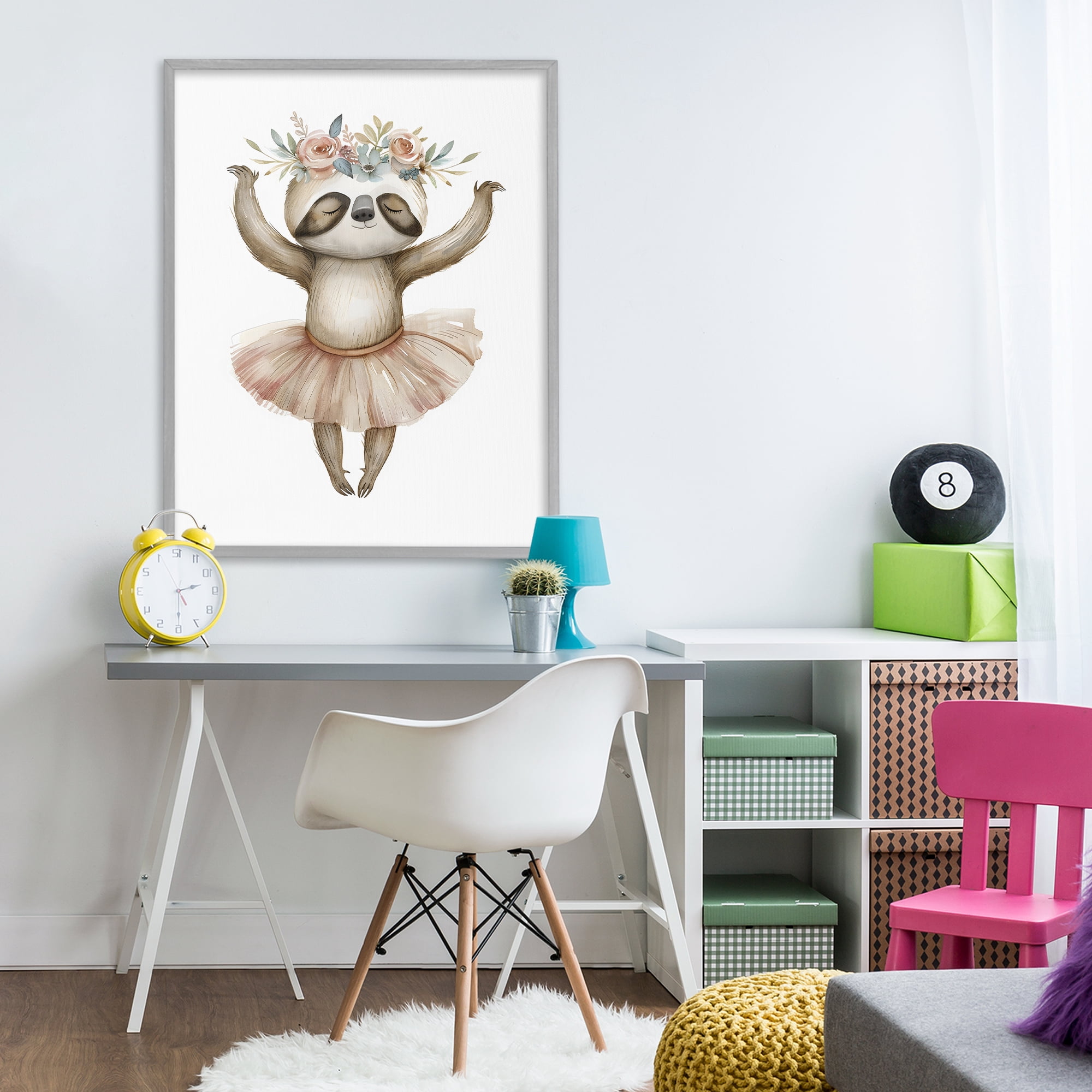 Stupell Industries Dreamy Sloth Ballet with Flowers Gray Framed Giclee Art, design by LSR Design Studio