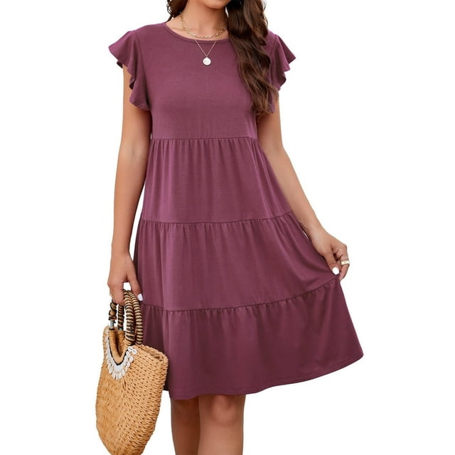Women ‘s Summer Ruffle Sleeve Neck Mini Dress Solid Color Casual Loose Flowy Swing A Line Pleated Beach Sundress