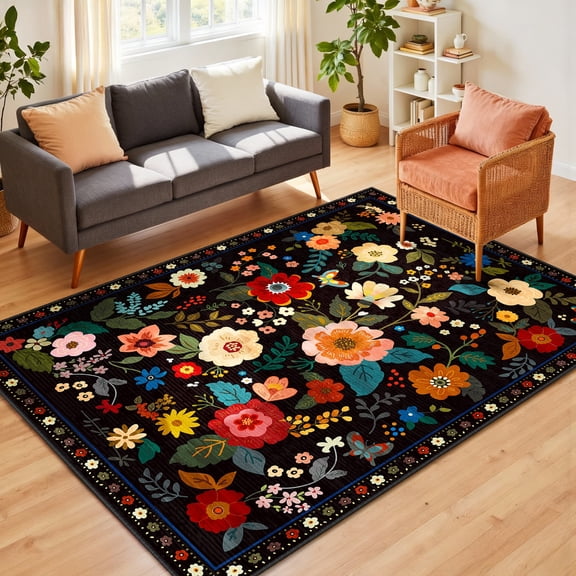 NewBuros 5'x7' Area Rugs, Boho Non Slip Washable Rugs for Living Room, Stain Resistant Soft Low Pile Indoor Floral Carpet for Bedroom Dining Room Office, Black