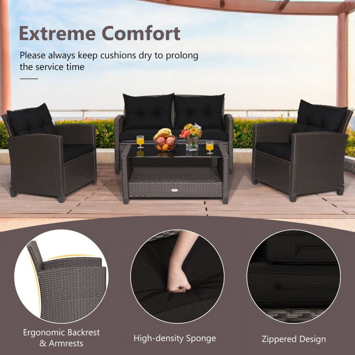 Aimee Lii 4 Pieces Wicker Patio Furniture Set with Tempered Glass Coffee Table, Wicker Outdoor Sectional, Black Aimee Lii 4 Pieces Wicker Patio Furniture Set with Tempered Glass Coffee Table, Wicker Outdoor Sectional, Black