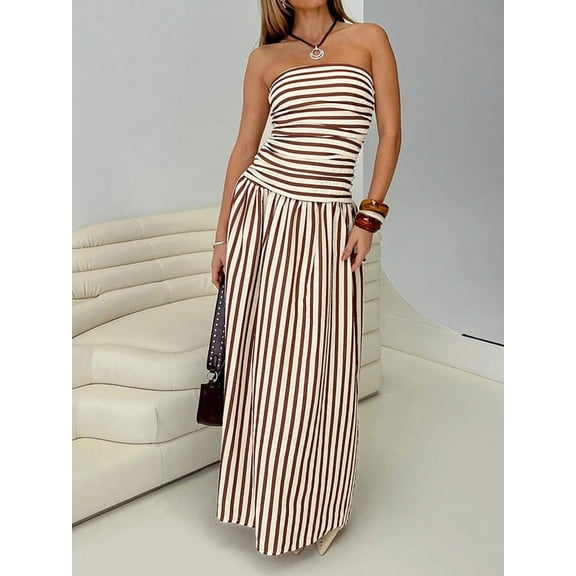 Chocolate Brown Strapless Ruched Drop Waist Maxi Dress Flowy A-Line Womens Long Dress