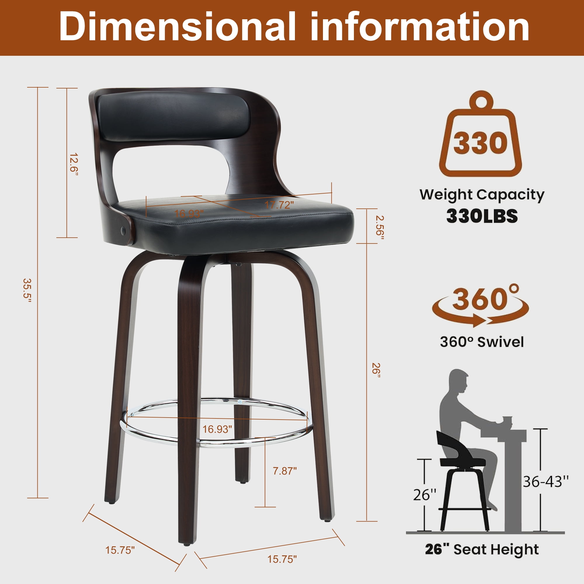 FANCROU 26 inch Swivel Counter Height Bar Stools Set Of 4, PU Leather Seat With Bentwood Back And Legs, Black