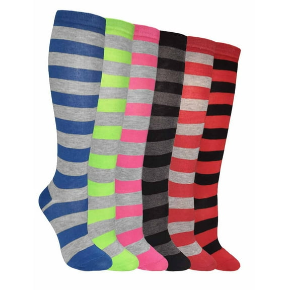 Women's 6 Pairs Truly Beautiful Comfortable Durable Soft Cable-Knit Knee High Socks Colored Stripes LSR412-6P One SizeAssorted