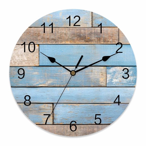 Wall Clock Blue Wood Grain Clocks PVC Silent Non-Ticking Battery Operated Decorative Brown Wooden Plank Round Clock for Home Living Room Kitchen Bedroom Office School Wall Decor 14 Inch