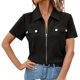 thumbnail image 1 of Camiseta de mujer de manga corta con bolsillos delanteros, color negro, talla S, perfecta para viajar Blusa de verano con botones y cremallera, 1 of 6