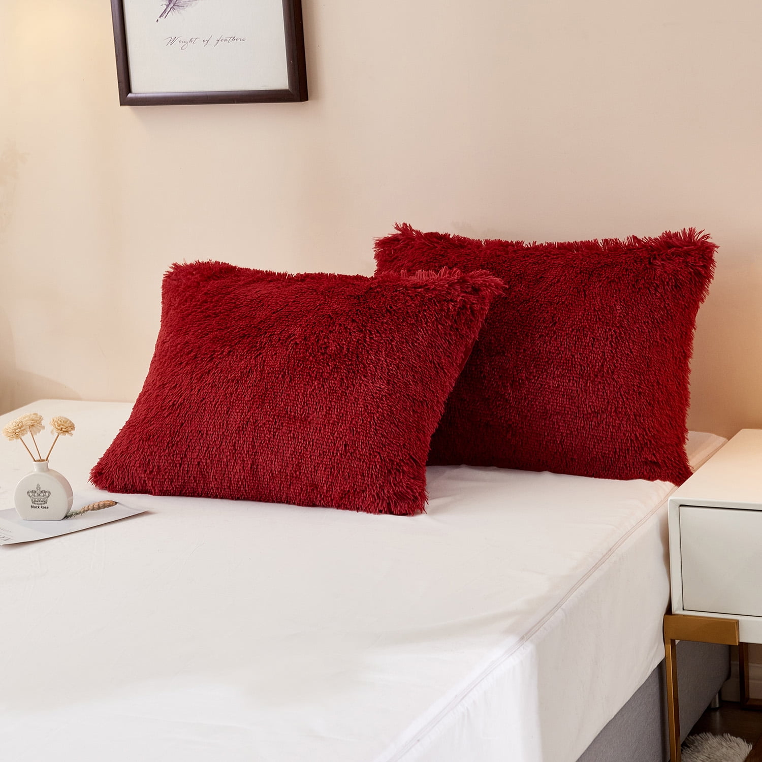 HAOK 5 PCS Shaggy Duvet Cover Bedding Set - Fluffy Comforter Cover Long Faux Fur Luxury Ultra Soft Cozy (Burgundy, Queen)