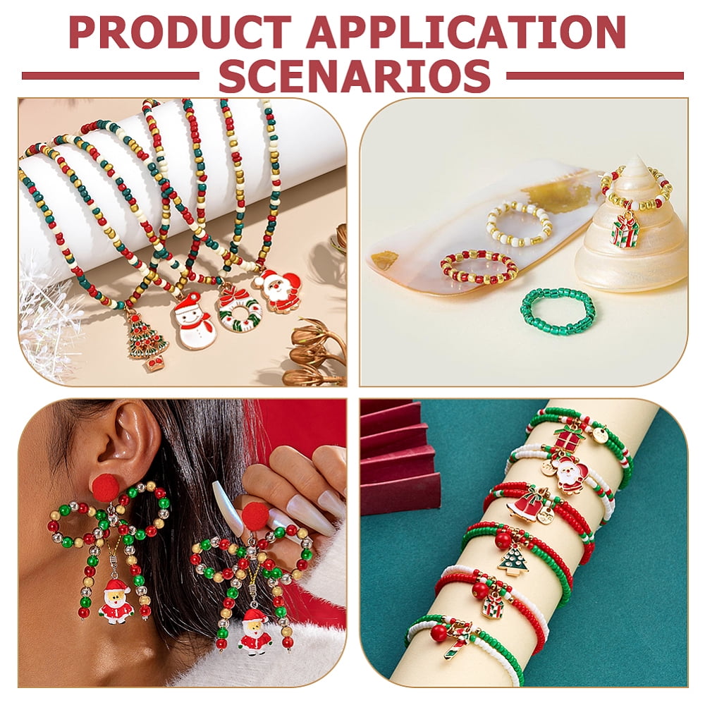 1500 Pcs Christmas Plastic Pony Beads Red Green White Silver Gold Tiny Pony Beads with 8.2 Yards/7.5m Elastic Thread