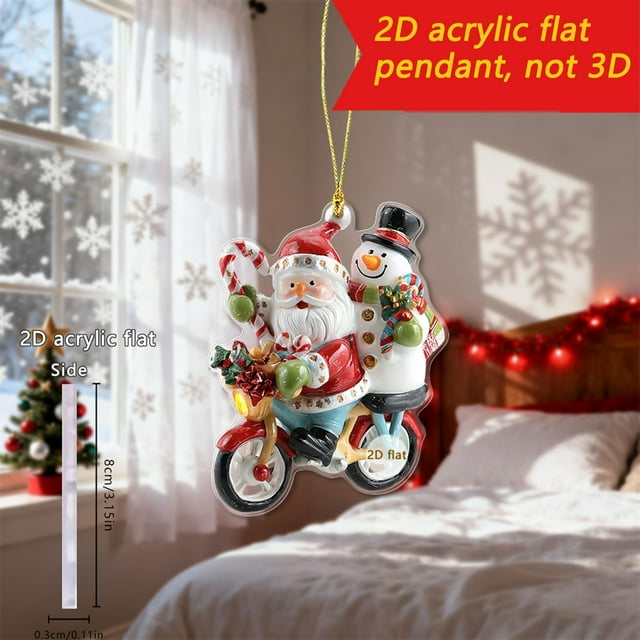 Santa Claus Cycling Acrylic Pendant Keychain 3.14 Inch Flat 2D Christmas Tree Decoration | Lightweight Durable Bike Lover Gift | Car Backpack Wallet Accessory