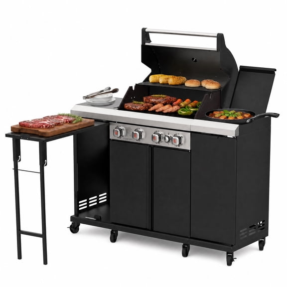 Outdoor Kitchen Grill with 4-Burner , Side Burner and Sink, 44,000 BTU Stainless Steel Propane Grill, Storage Cabinet, LPG/NG Convertible, Black