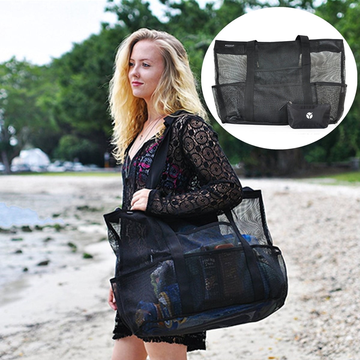 KUDOSALE - Women Summer Mesh Beach Tote Handbag Travel Wash Bag Outdoor