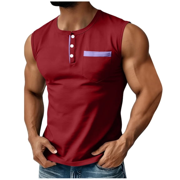 USNSM Men's Summer Tank Tops Color Block Button Down Sleeveless Henley T Shirts Pullover Casual Slim Fit Shirts with Pocket Red XL