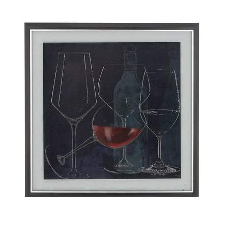 Wine Bottle Art Decmode Rustic Wood And Canvas Tilted And Upright Goblets And Wine Bottle Square Framed Wall Art, Blue ()