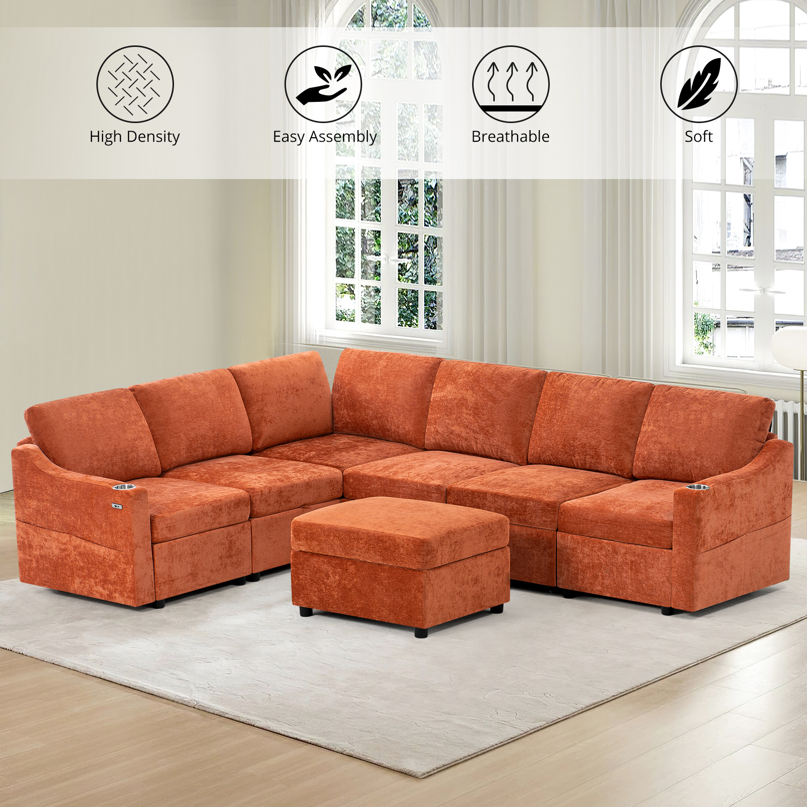 ACMEASE 116 Inches Chenille Sectional Couch w/Adjustable Backrests & Ottoman, Convertible U Shape Sleeper Sofa w/USB Ports, Modular Corner Sofa w/Pull-Out Bed & Storage Space for Living Room, Orange