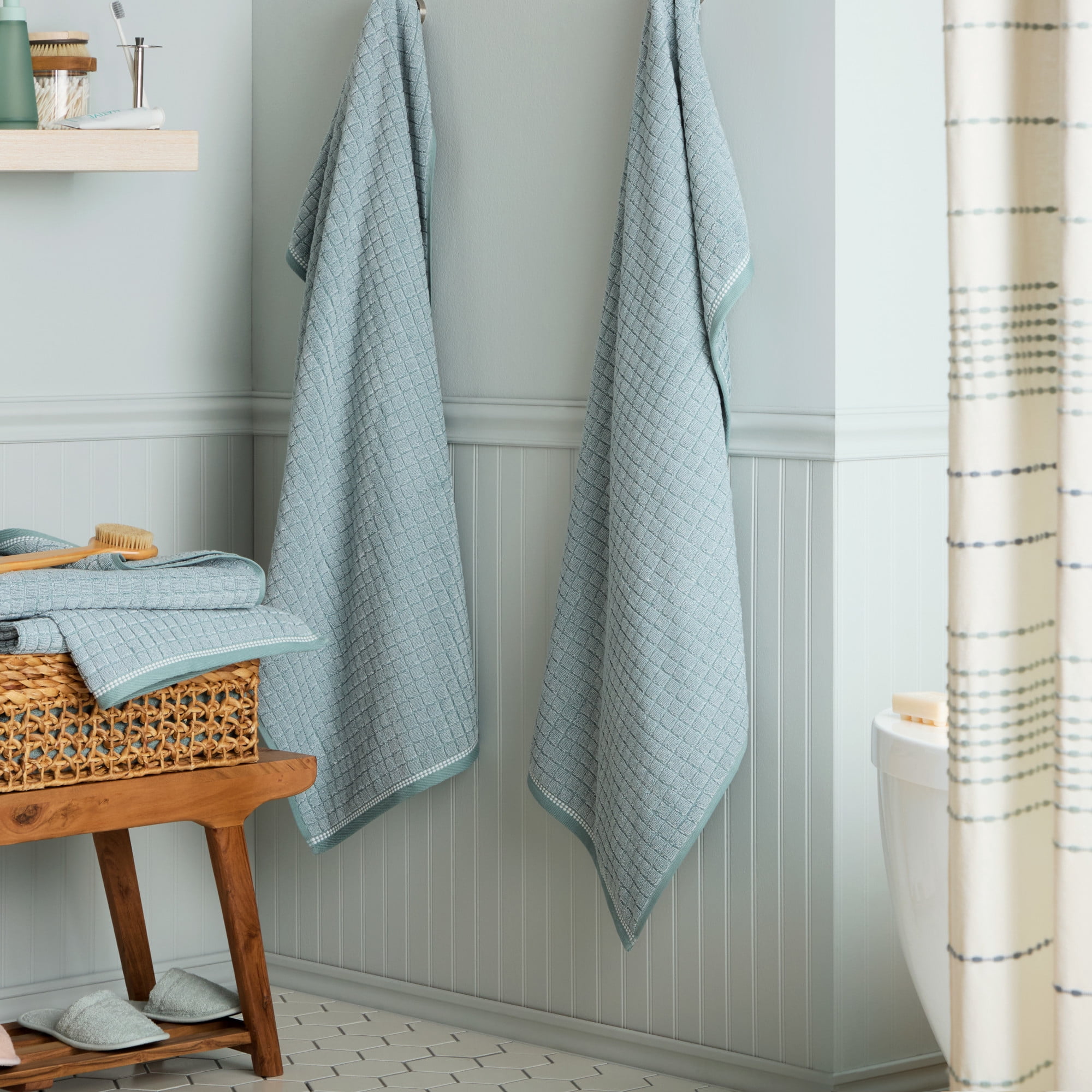 TOWN & COUNTRY EVERYDAY 4-Piece Textured Windowpane Bath Towel Set, 30"x58", 100% Cotton, Plush & Absorbent 550GSM, Aqua Blue