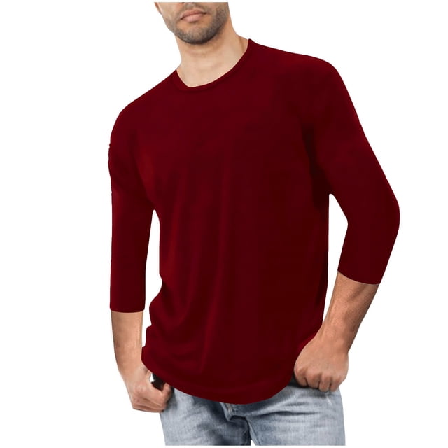 breaise Chemises à Manches 3/4 pour Hommes Grands et Forts T-Shirt Décontracté Ample Col Rond T-Shirts d'Entraînement Légers Pyjamas Unis Hauts Rouges Sans frais de transport