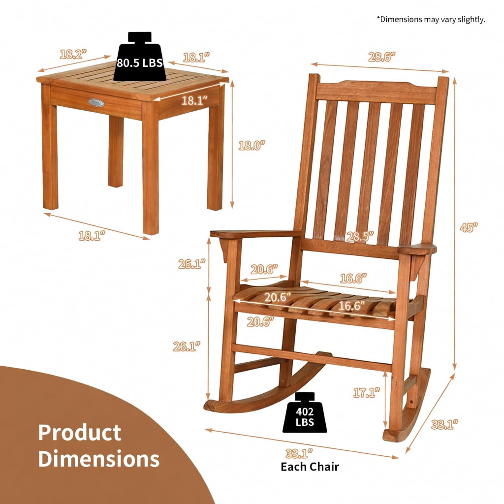 Hommoo 3-Piece Eucalyptus Outdoor Rocking Chair Set with Square Coffee Table, Patio, Deck & Garden Furniture Set for 2, Natural
