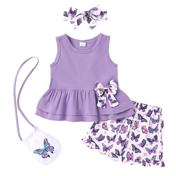 Younger Tree Baby Girl Outfits Summer Sleeveless Bow Vest Top Print Shorts Clothes Set with Bag and Headband for 2-3T
