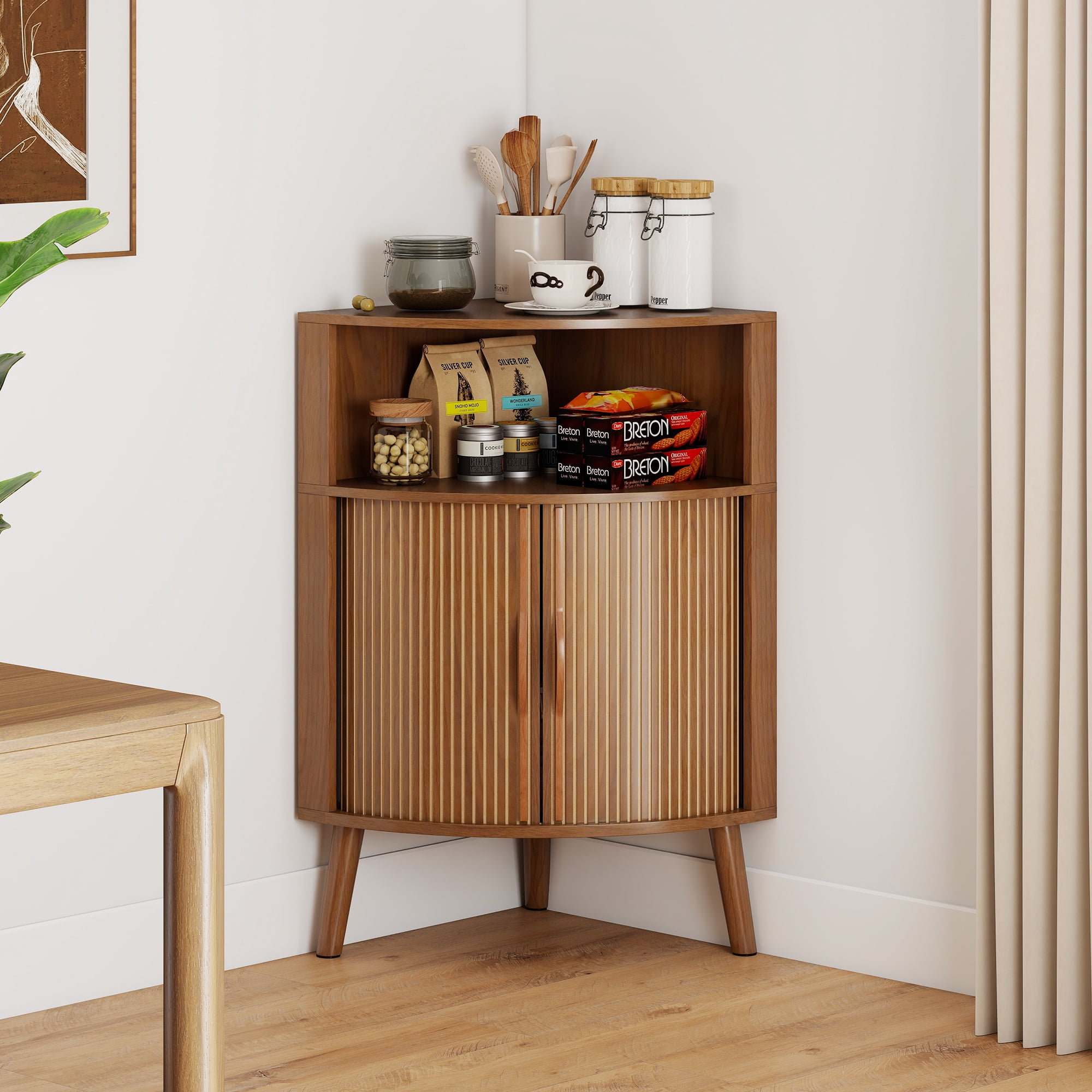 Fluted Bathroom Corner Storage Cabinet, Small Corner Floor Cabinet with Doors and Shelves, Freestanding Narrow Cabinets Organizer for Bathroom, Living Room, Kitchen, Walnut