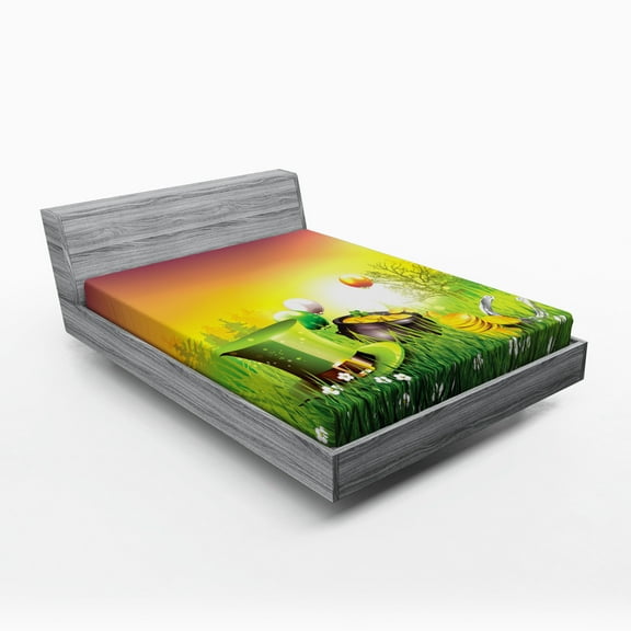 Ambesonne Celebration Fitted Sheet, Balloons Hat Gold, Queen Size, Green Purple and Yellow