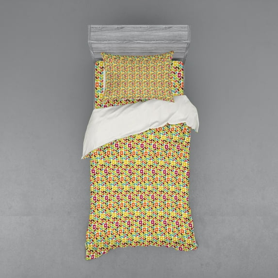 Colorful Duvet Cover Set, Scandinavian Leaves and Flowers Pattern with Rainbow Colors Classic Floral Design, Bedding Set with Shams and Fitted Sheet, 3 Sizes, by Ambesonne