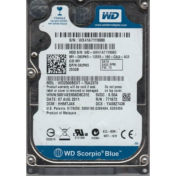 WD2500BEVT-75A23T0, DCM HHMTJAK, Western Digital 250GB SATA 2.5 Hard Drive